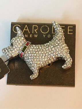 Carolee Silver Crystal Scottie Dog Brooch with Green and Red Collar